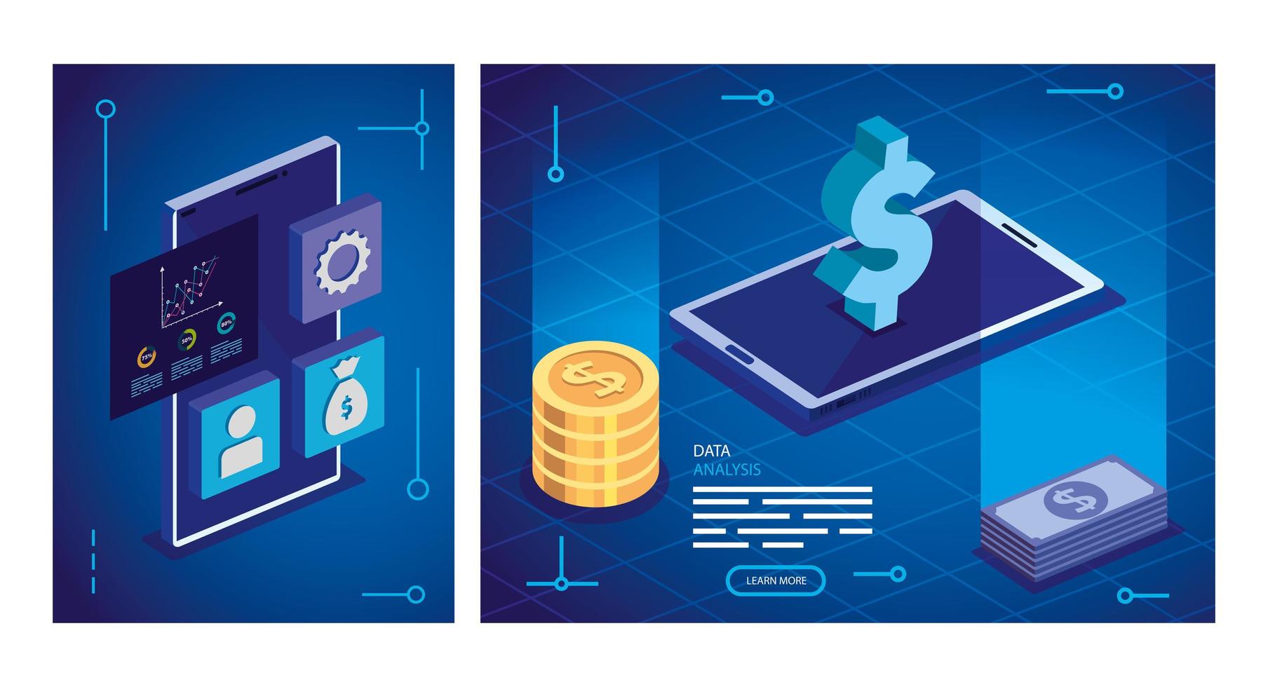 Set Analyse-Daten-Poster mit Business-Symbolen vektor