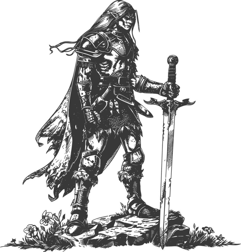 Elf Krieger mit Schwert Bilder mit alt Gravur Stil vektor