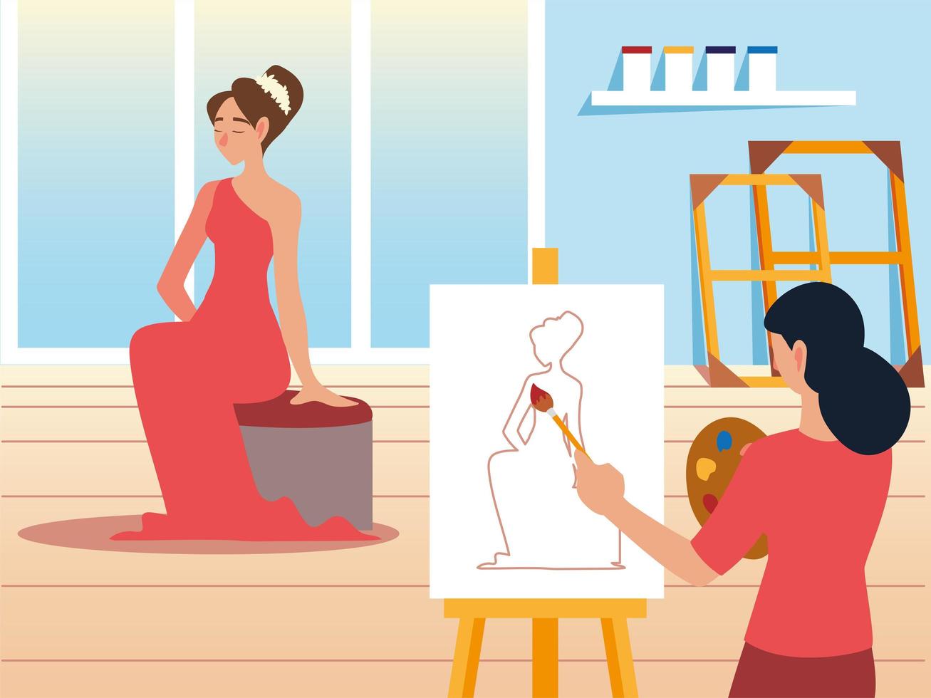 junge Frau malt mit Pinsel auf Leinwand in einem Studio ein weibliches Modell vektor