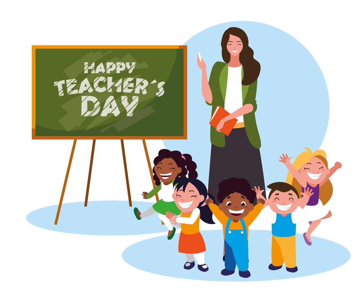 lycklig dag-kort med lärare kvinna och studenter vektor