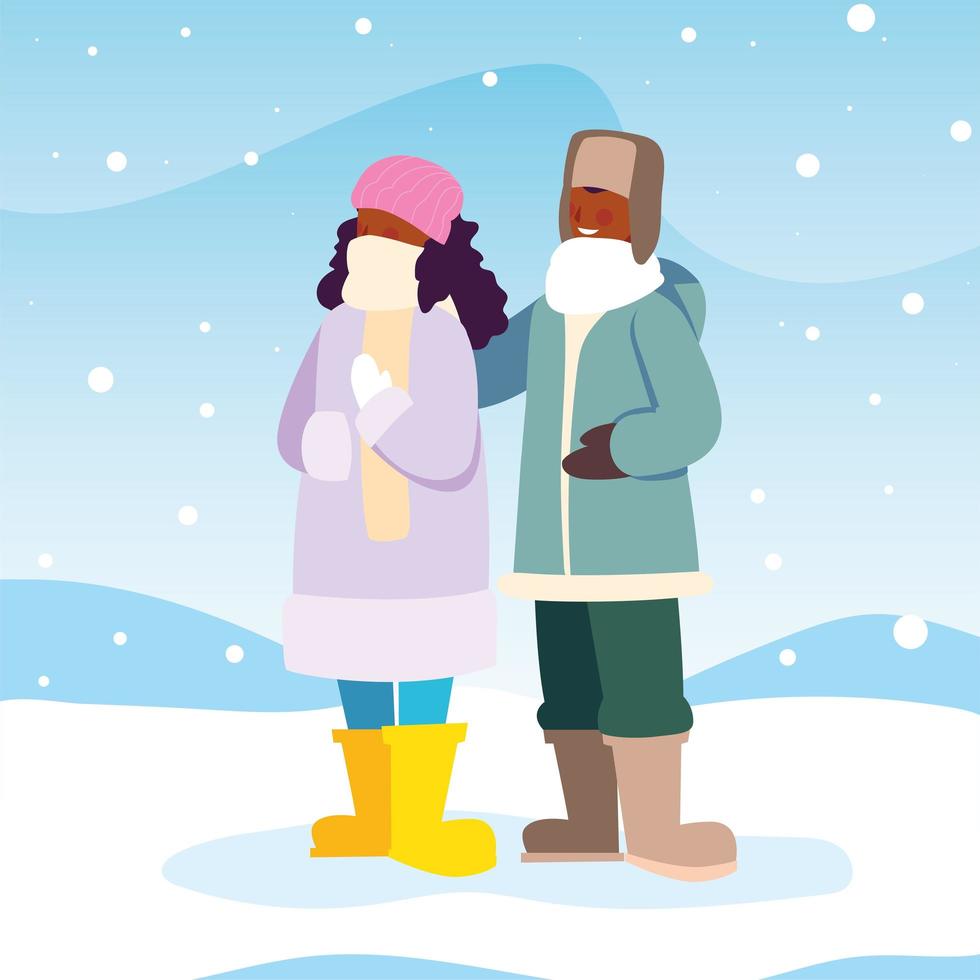 paar Leute mit Winterkleidung in Landschaft mit Schneefall vektor