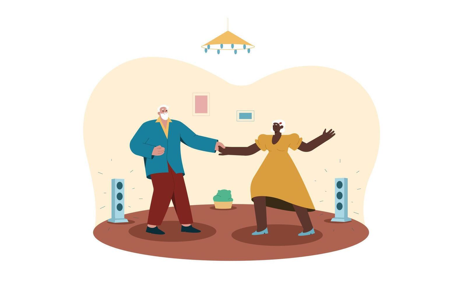 Karikatur glücklich Senior Mann und Frau Tanzen zu das Musik- beim heim. alt Menschen Erholung und aktiv Hobby. Alten Paar von Rentner komisch verbringen Zeit zusammen. vektor