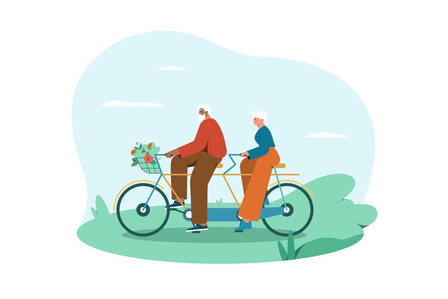 eben glücklich Senior Mann und Frau Radfahren im das Park. Erholung, Freizeit Aktivitäten oder Hobby von alt Menschen im Ruhestand. lächelnd Alten Zeichen Reiten Fahrrad zusammen. aktiv Lebensstil Konzept. vektor