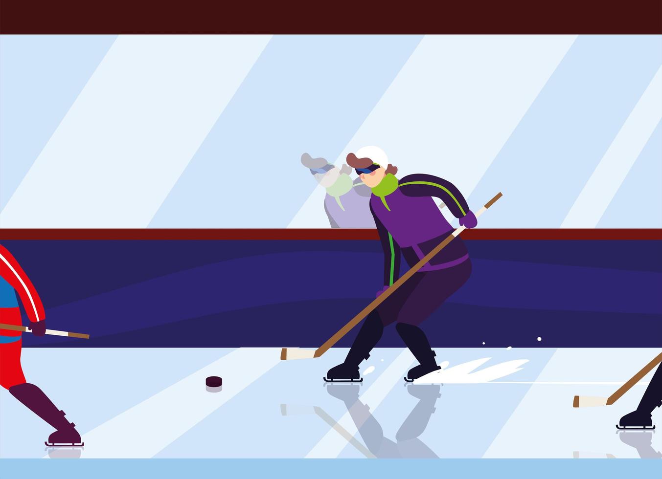 Mann, der Hockey spielt, Hockeyspieler mit Hockeyschläger, Eishockeypuck vektor
