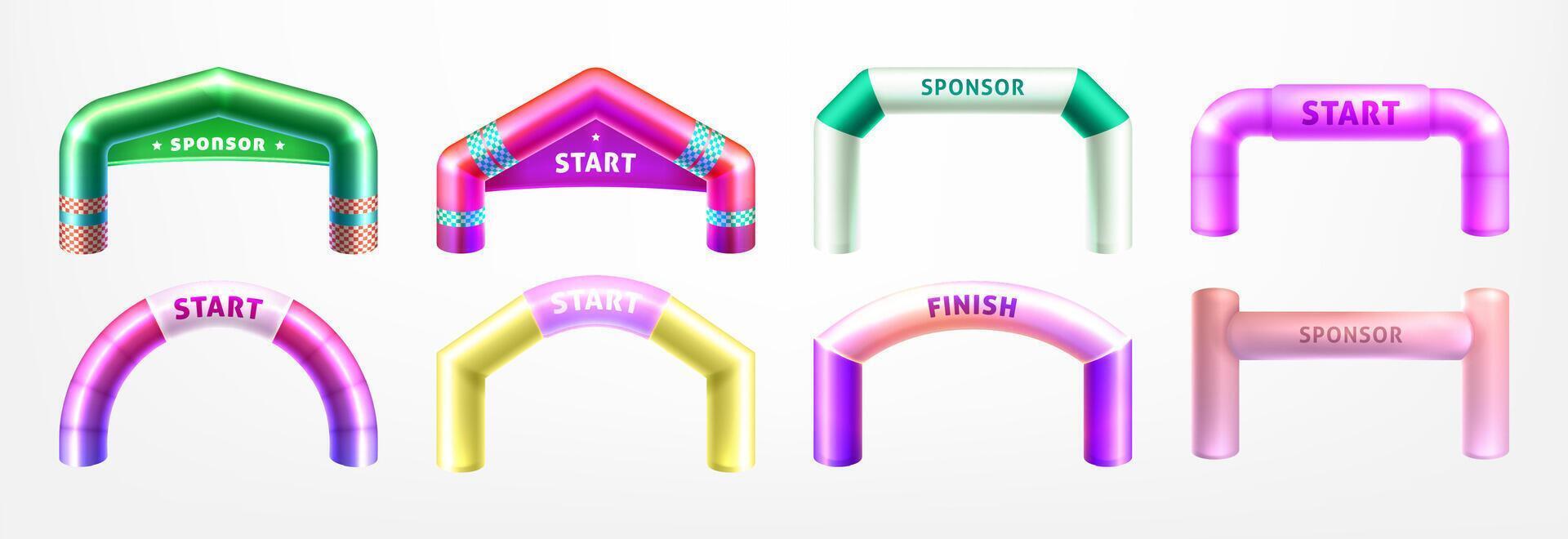 realistisk 3d färgrik uppblåsbar valv för sporter konkurrens. båge grindar av annorlunda former för maraton, races och utomhus- sport evenemang. Start och Avsluta valvgångar isolerat på vit bakgrund. vektor