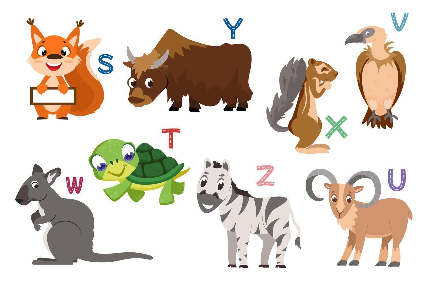 Englisch Alphabet mit eben süß Tiere zum Kinder Bildung. Briefe mit komisch Tier und Vogel Zeichen von s zu z. Kinder Design einstellen zum Lernen zu buchstabieren mit Karikatur Zoo Sammlung. vektor