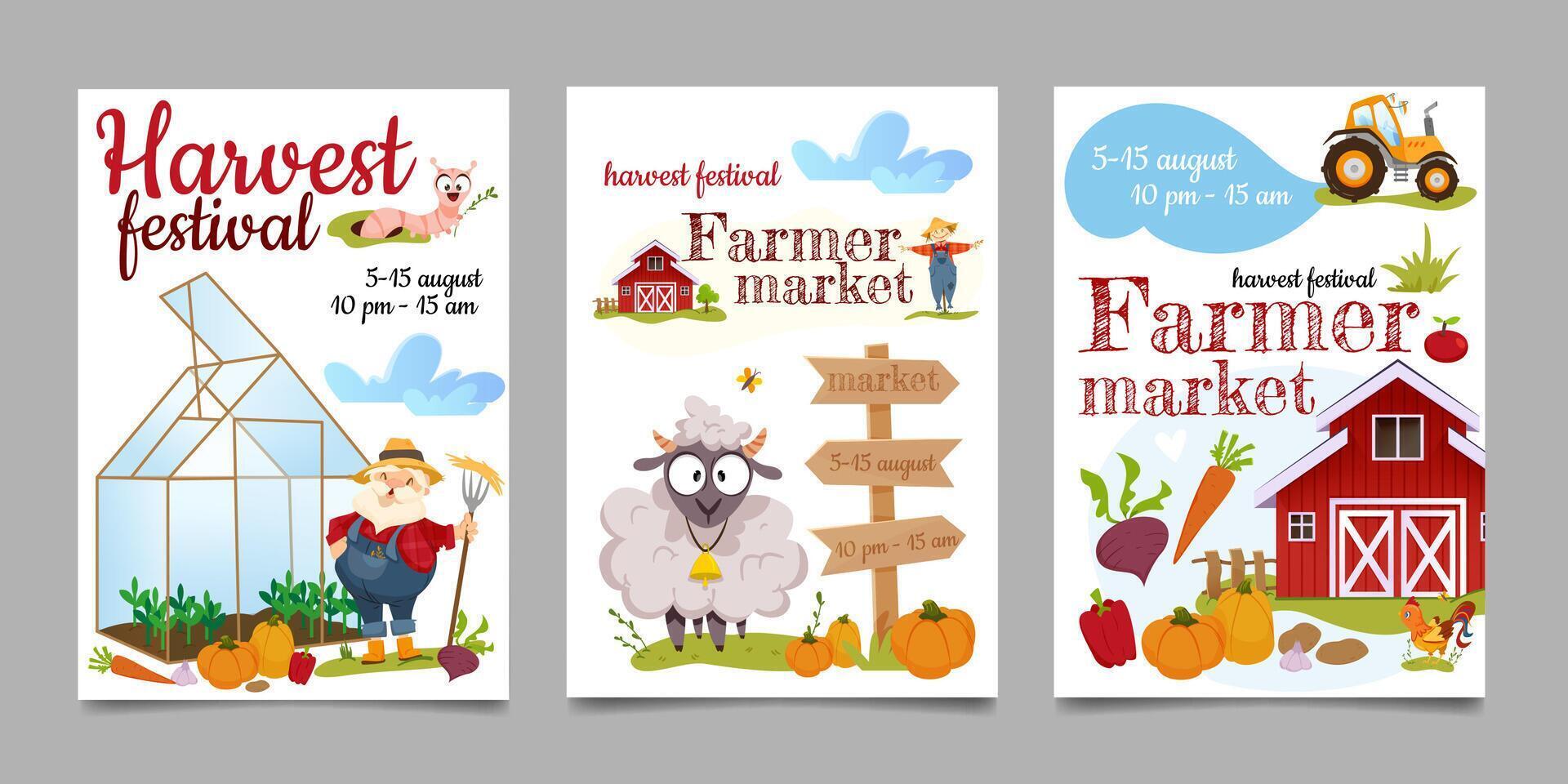 Karikatur Festival Plakate von Ernte Festival. Bauernhof lokal Markt Einladung Banner oder Karten mit natürlich Gemüse, Bauernhof Produkte und Bauernhaus. eben glücklich landwirtschaftlich Farmer Versammlung Getreide. vektor