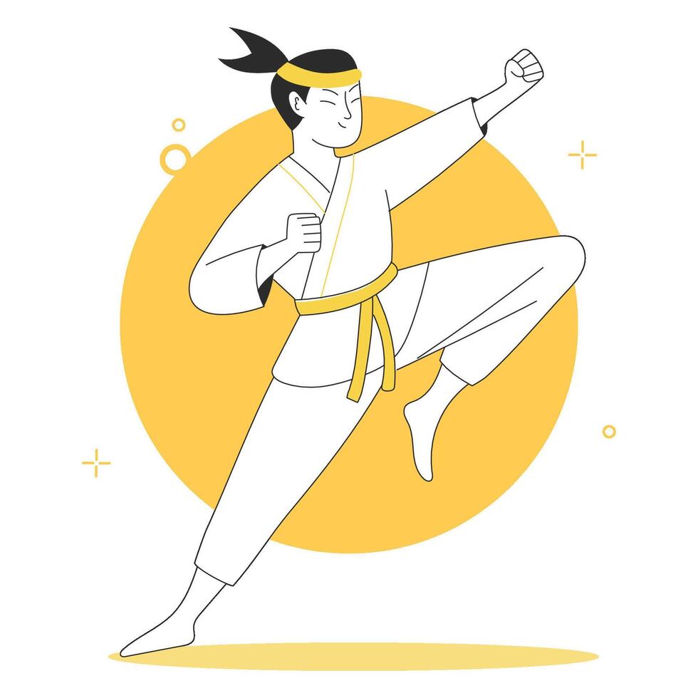 ein jugendlich kriegerisch Künstler Mann mit ein Gelb Gürtel führt aus dynamisch Karate bewegt sich, verkörpern Disziplin und Stärke auf ein stilisiert Hintergrund. eben Illustration zum Netz oder App Design vektor