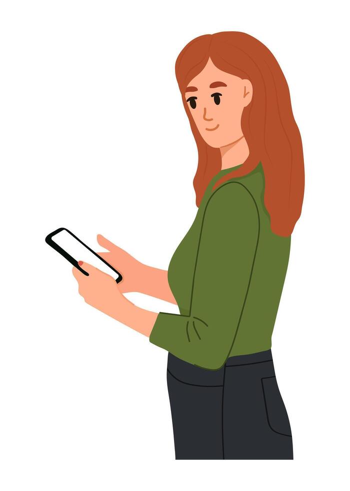 kvinna använder sig av mobil telefon och leende. modern platt illustration. vektor