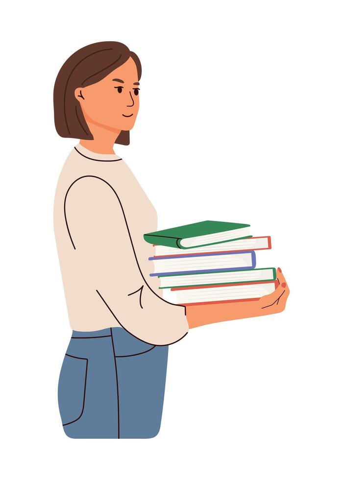 Frau halten ein Stapel von Bücher. modern eben Illustration. Konzept von lesen und Bildung vektor