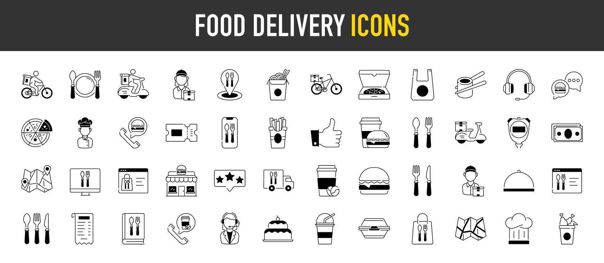 mat leverans ikoner. illustration inkluderad ikon som dörr kontaktlös levererar, kaka, hamburgare, maträtt, matvaror för snabb distribution. vektor