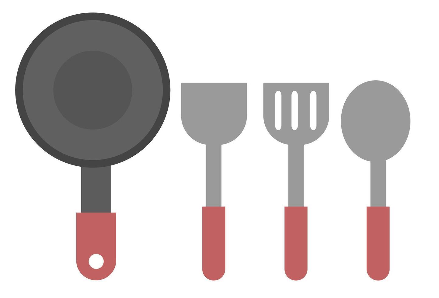 Pfanne, Spatel und Kelle Ausrüstung.Küchenutensilien zum Kochschild, Symbol, Symbol oder Logo isoliert.Cartoon Illustration. vektor