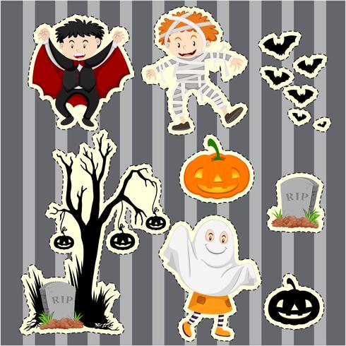 Aufklebersatz für Kinder in Halloween-Kostümen vektor