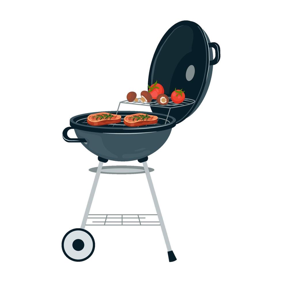 illustration av utegrill grill. bbq grill med rostad fläsk biffar och gott grillad grönsaker för sommar fest, isolerat runda grilla i en platt stil på vit bakgrund. vektor