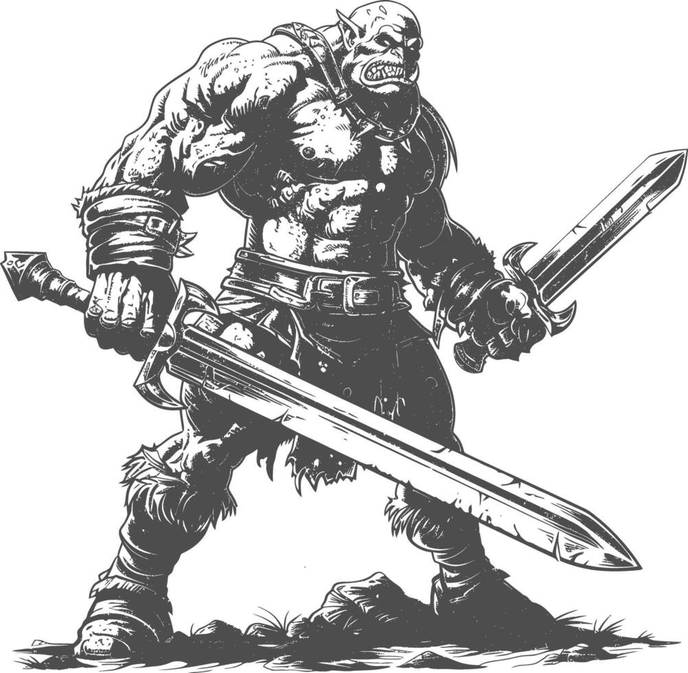 Ork Krieger mit Schwert voll Körper Bilder mit alt Gravur Stil vektor