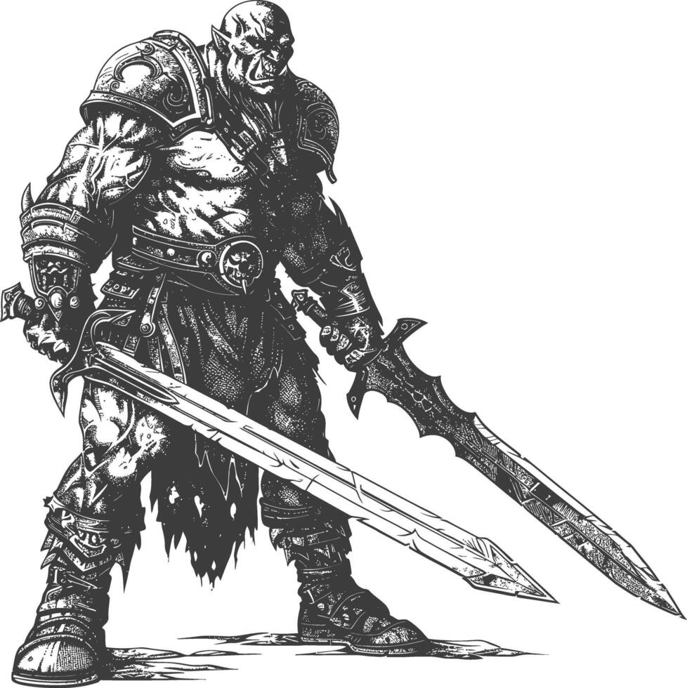 Ork Krieger mit Schwert voll Körper Bilder mit alt Gravur Stil vektor