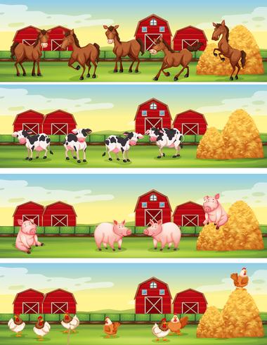 Vier Szenen von Tieren auf dem Bauernhof vektor
