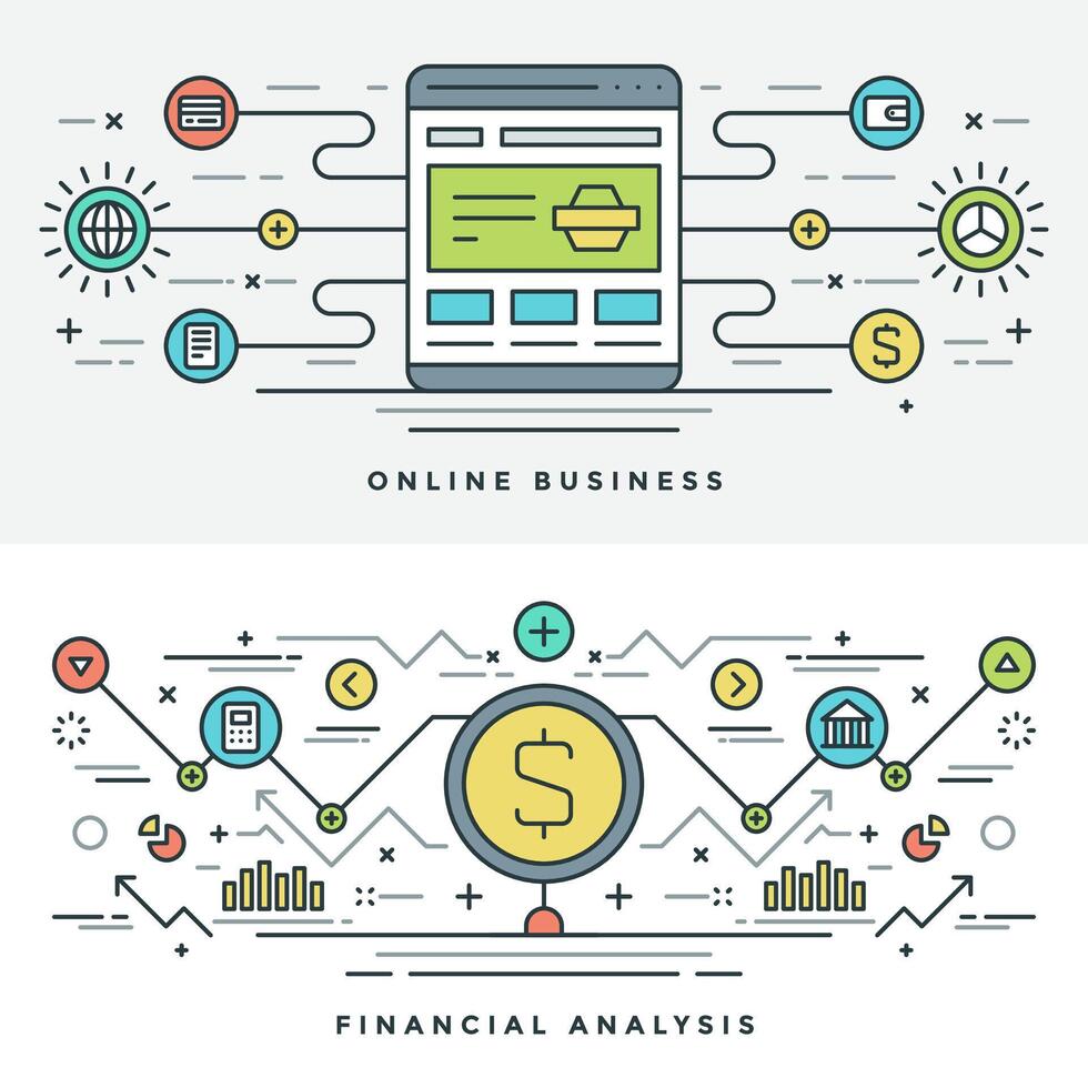 platt linje handla och internet företag begrepp illustration. modern tunn linjär stroke ikoner. vektor