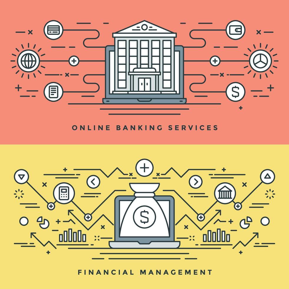 eben Linie Bankwesen und finanziell Verwaltung Konzept Illustration. modern dünn linear Schlaganfall Symbole. vektor