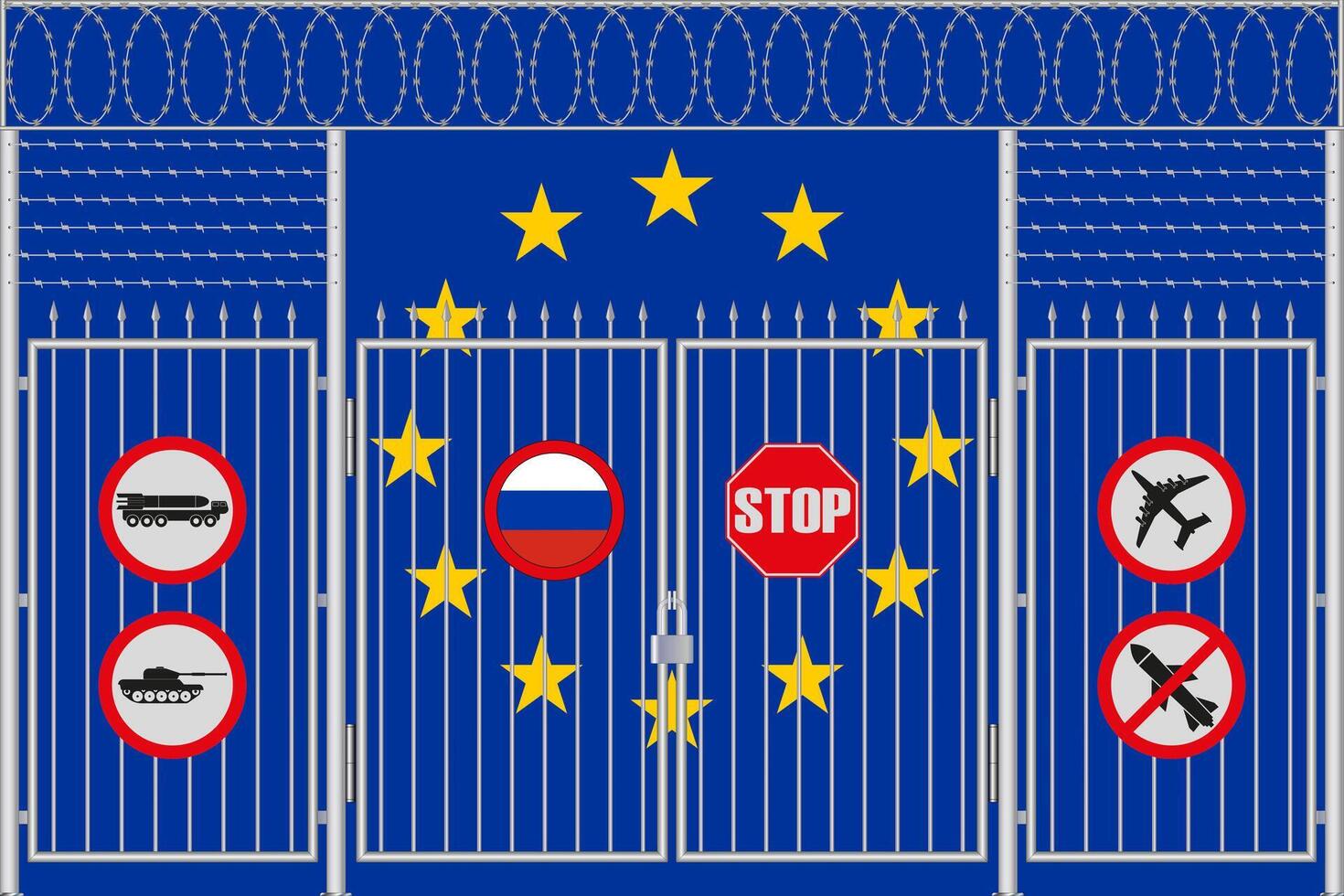 illustration av de flagga av europeisk union under de gitter. begrepp av isolationism. Nej krig. vektor