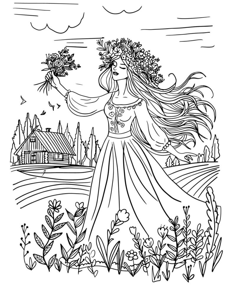 färg bok sida för vuxen. gudinna med blommor. midsommar Semester. hand dragen illustration. vektor