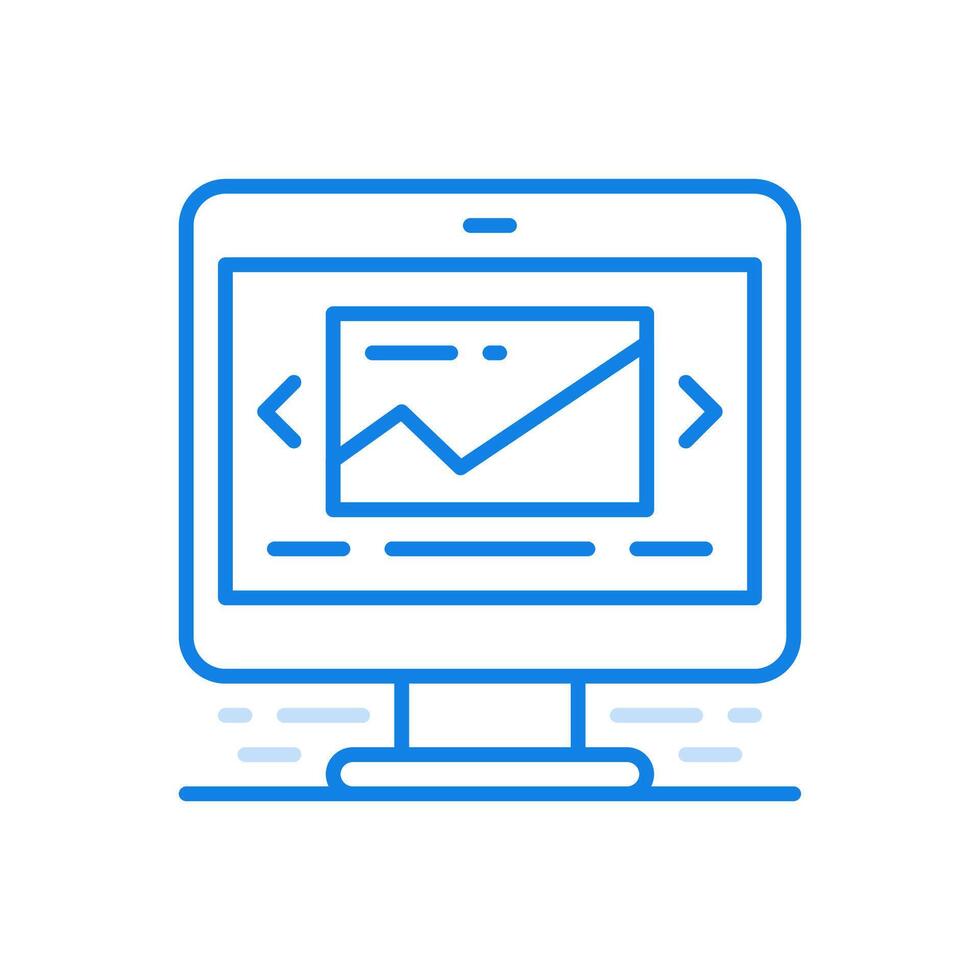 Foto Bilder auf Monitor Linie Symbol. Zeichnungen von Natur auf elektronisch Bildschirm mit Fähigkeit zu scrollen. vektor