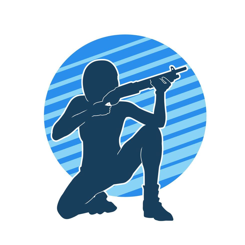 Silhouette von ein weiblich Krieger im Pose mit Maschine Gewehr Waffe vektor