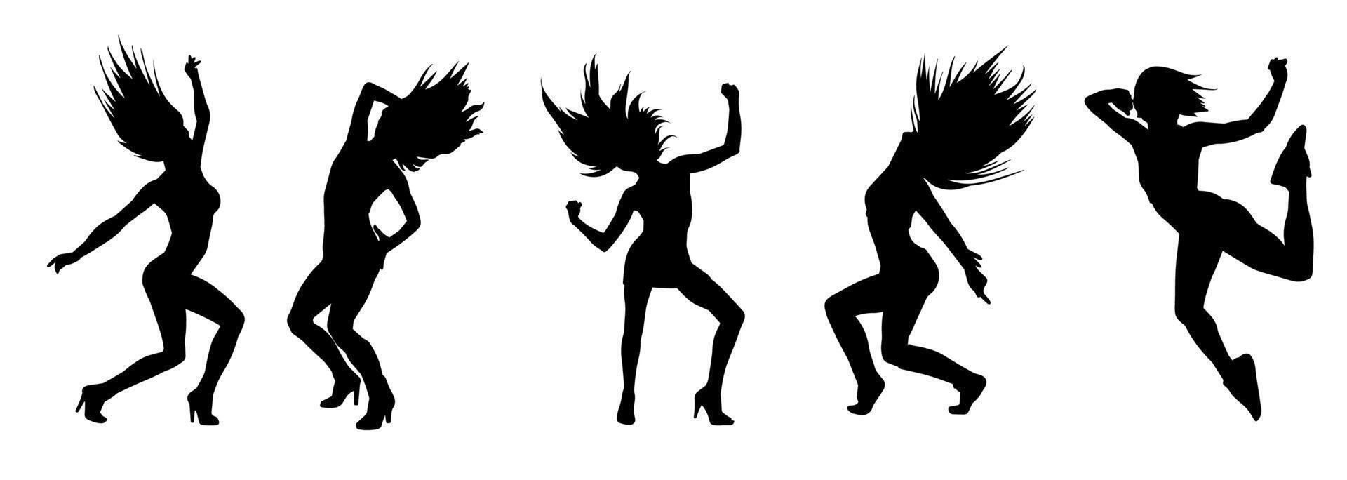 silhuett samling av kvinna dansare i verkan utgör. silhuett grupp av en smal kvinna i dans utgör. vektor