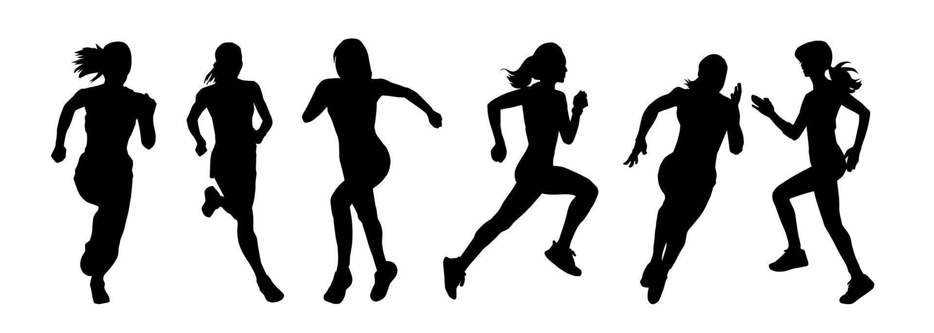 silhuett samling av kvinnor löpning utgör. silhuett av sportig honor i löpning utgör. vektor