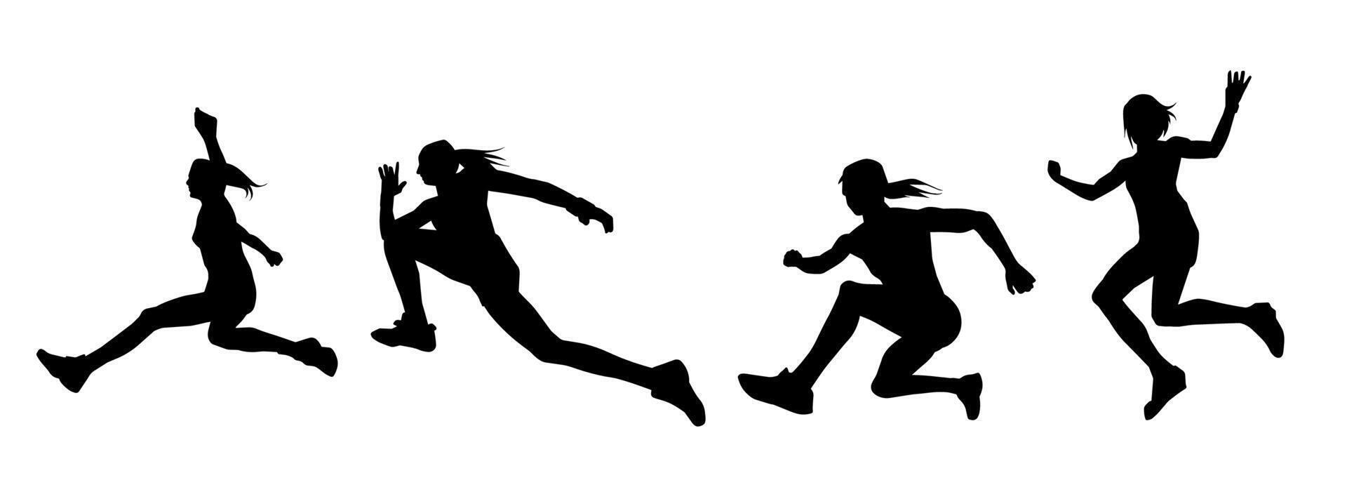 silhuett samling av sportig kvinna i löpning utgör. silhuett grupp av kvinna springa utgör. vektor