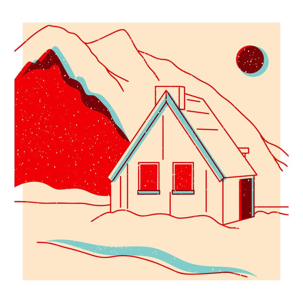 landskap. ranch, hus i de fjäll, odla, äng, hus, träd, väg, berg. hand dragen illustration. färgrik söt skärm utskrift effekt. riso skriva ut effekt. ikon, logotyp, skriva ut, affisch vektor