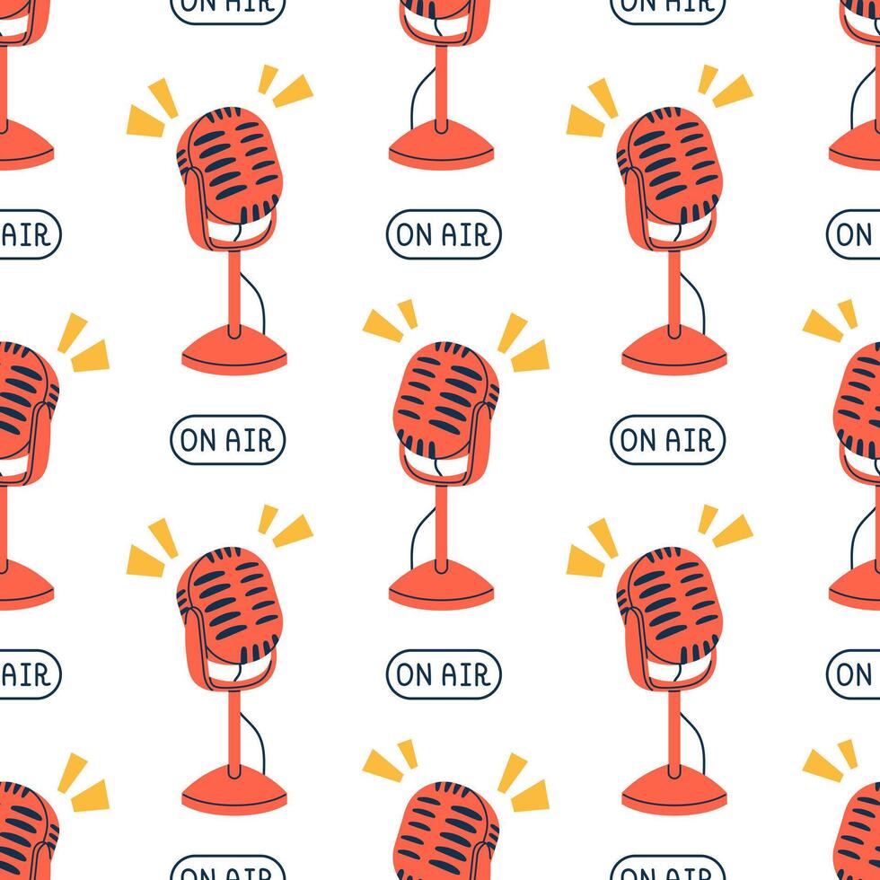 Podcast nahtlos Muster. Podcast Aufzeichnung und Hören, Rundfunk, Radio. rot Mikrofon auf Weiß Hintergrund. auf Luft Muster. Verpackung Design. vektor