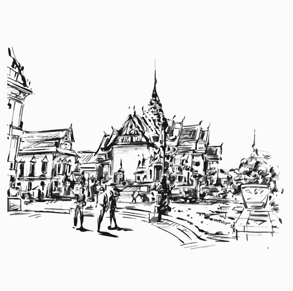 Zeichnung von Touristen beim Tempel im Thailand vektor