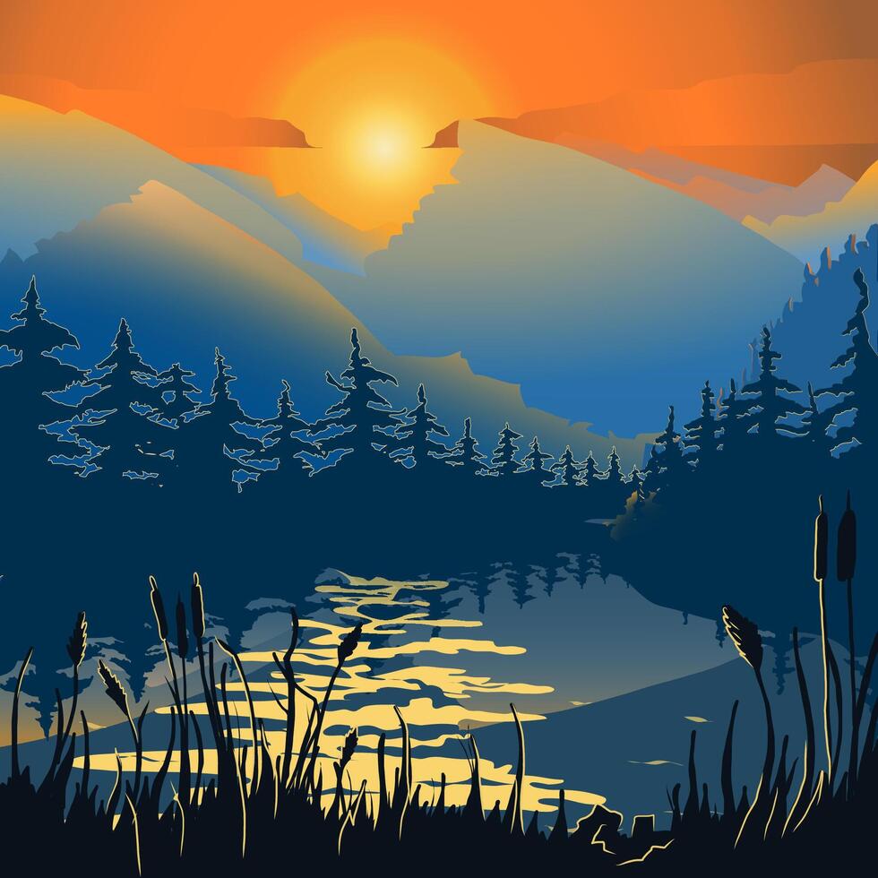 natt landskap av berg, sjö och barr- skog mot de bakgrund av de miljö Sol. vass och gräs i de förgrund. illustration med lutning vektor