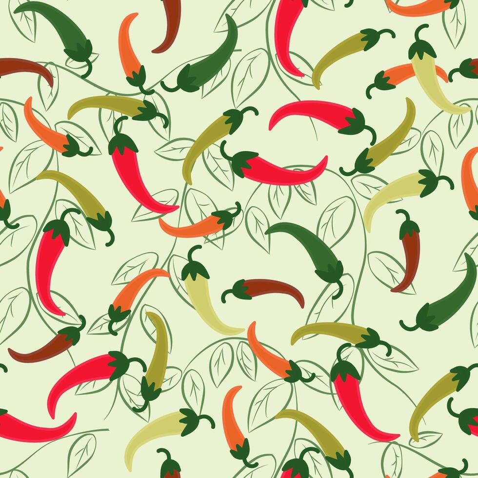 sömlös mönster med chili peppar på en ljus grön bakgrund. ritad för hand bakgrund vektor