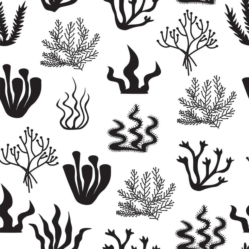 sömlös mönster med svart silhuetter koraller och sjögräs på vit bakgrund vektor