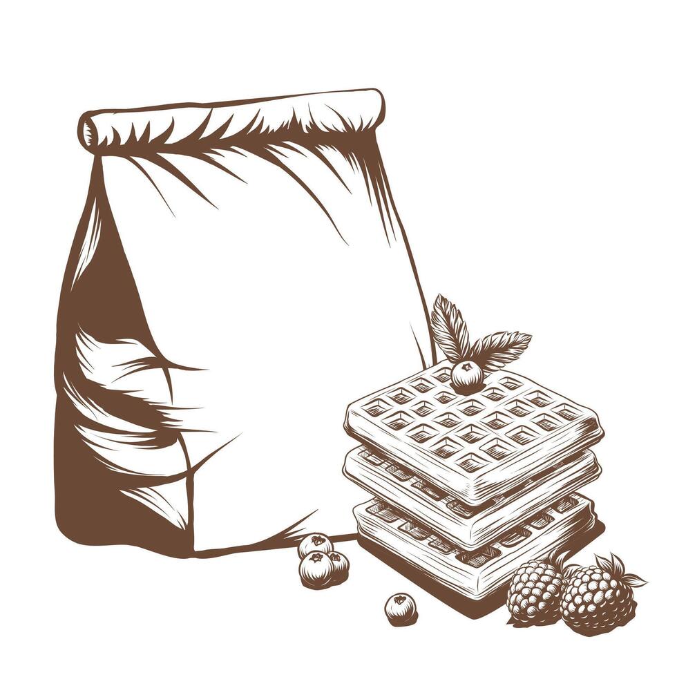 belgisk våfflor med bär och hämtmat papper väska svart och vit grafisk, svartvit illustration isolerat på. utsökt väska med waffers för ta ut, Kafé, bagerier och bakverk frukost mönster vektor
