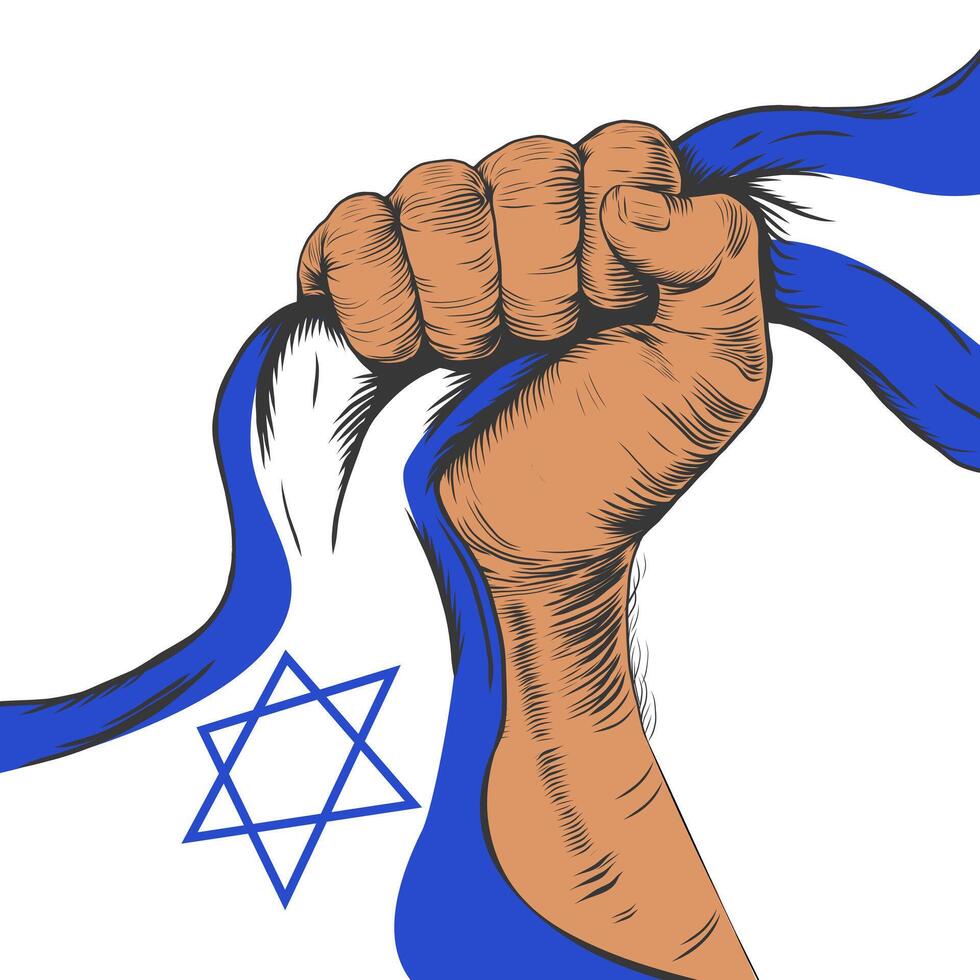 Hand halten das National Flagge von Israel. Illustration auf das Thema Israel Unabhängigkeit Tag. Faust Zusammenpressen israelisch Flaggen. vektor