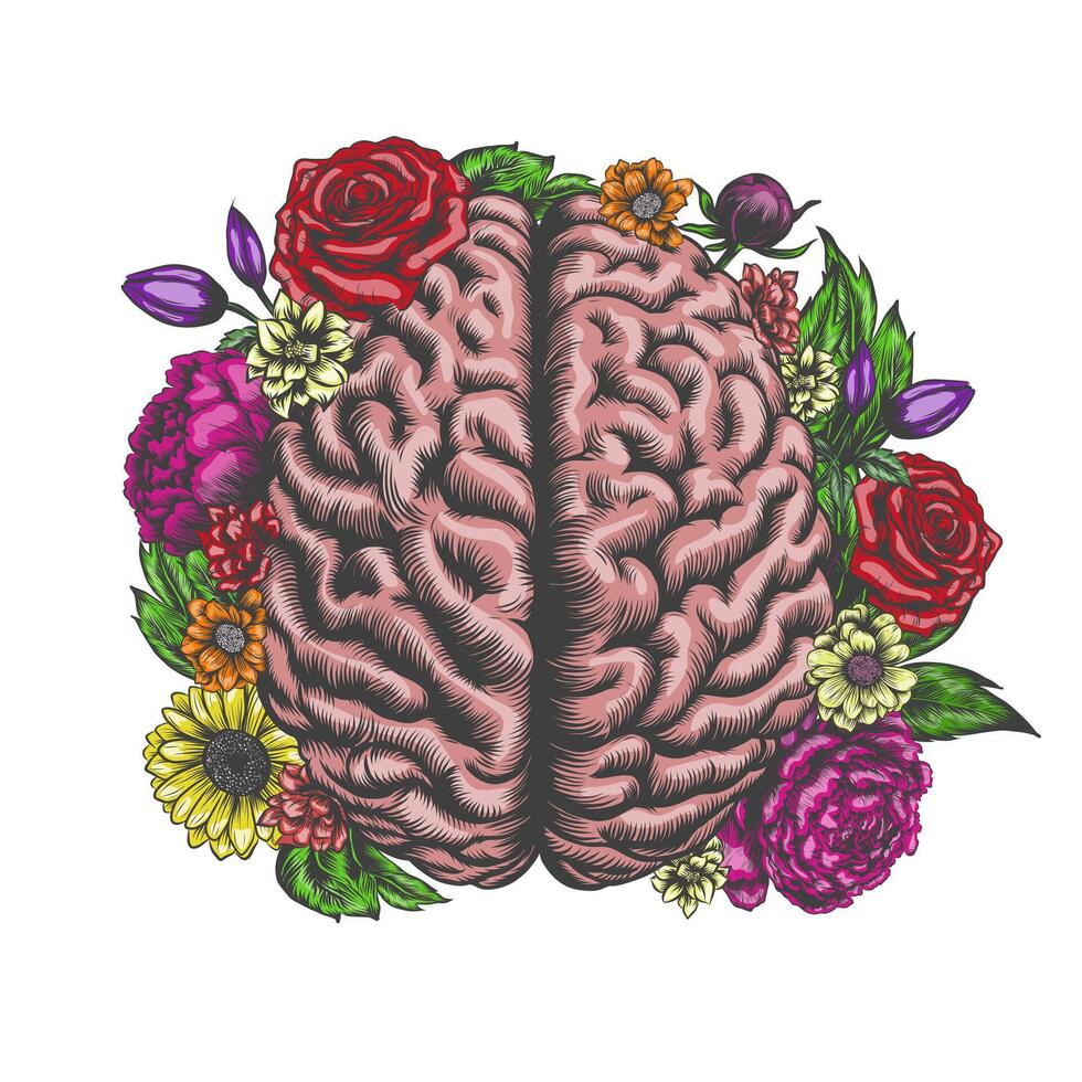 Blühen Gehirn. mental Gesundheit, positiv denken, Wohlbefinden Konzept. Mensch Gehirn im Blumen. selbst Pflege, Psychologie, Therapie. Psychologe Hilfe, Wachstum. Jahrgang Design zum T-Shirt drucken, Netz, Sozial Medien vektor
