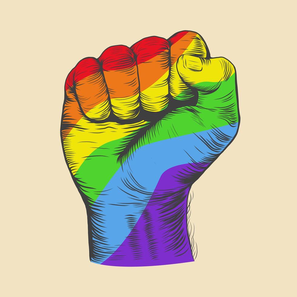 lgbtq frihet protest näve. HBTQ regnbåge flagga. lgbtqia stolthet månad. illustration för tröja, hemsida, skriva ut, klämma konst, affisch. vektor