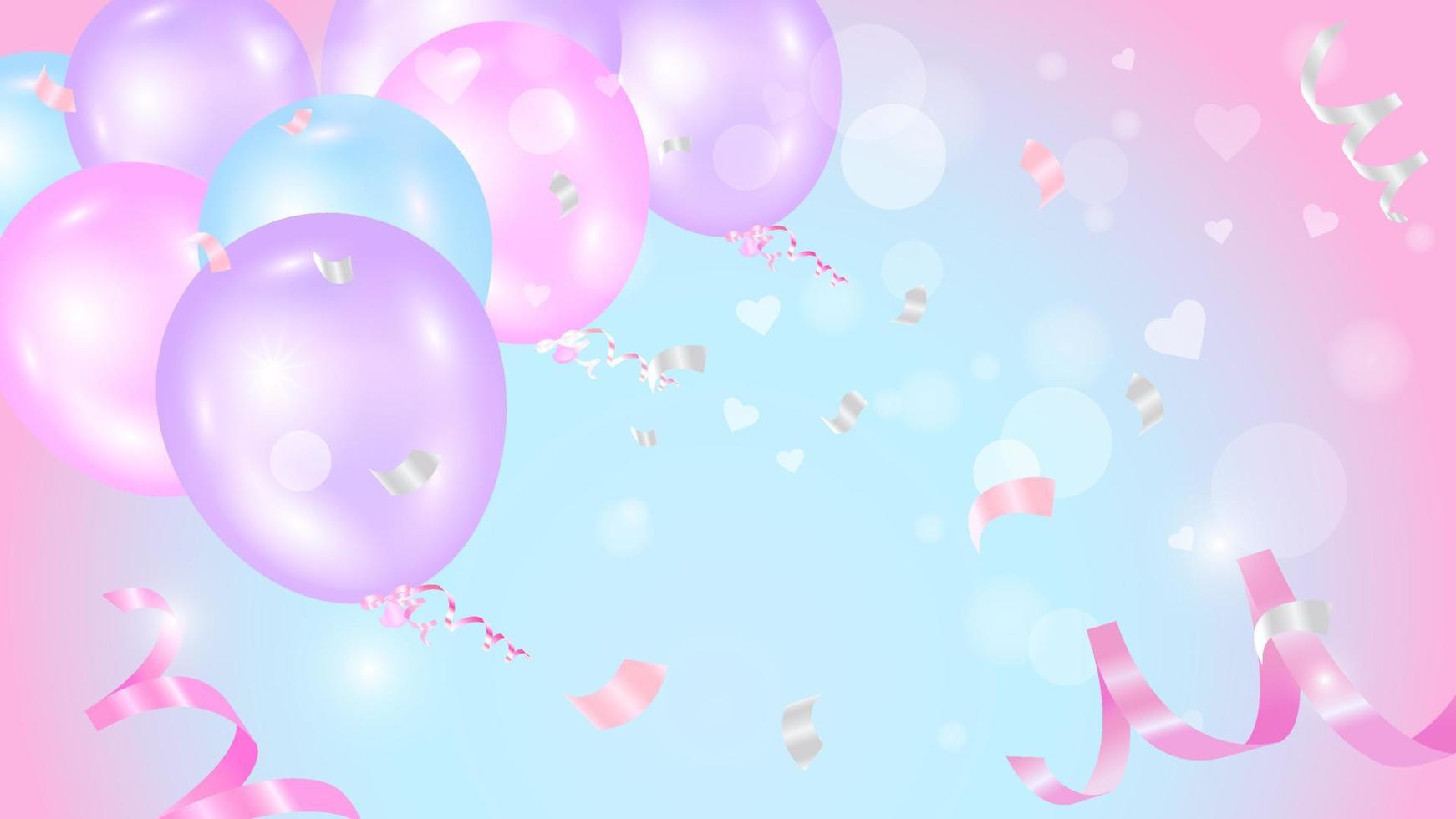 festlig bakgrund, banderoll med konfetti och ballonger mot rosa och blå bakgrund. vektor