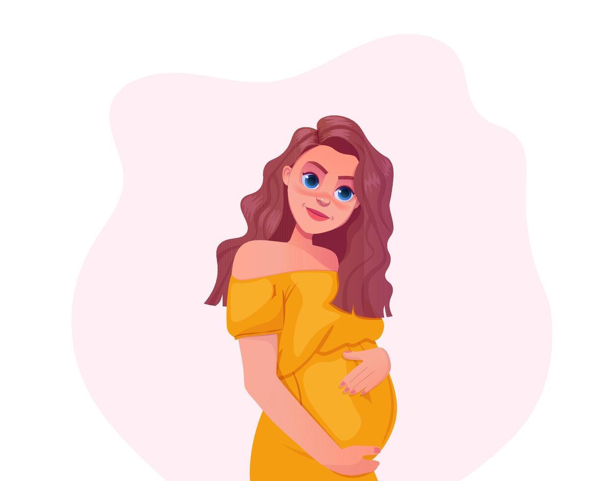 süß schwanger Mädchen. schön Frau Umarmungen ihr Bauch. Karikatur Mutterschaft Konzept Charakter Design vektor