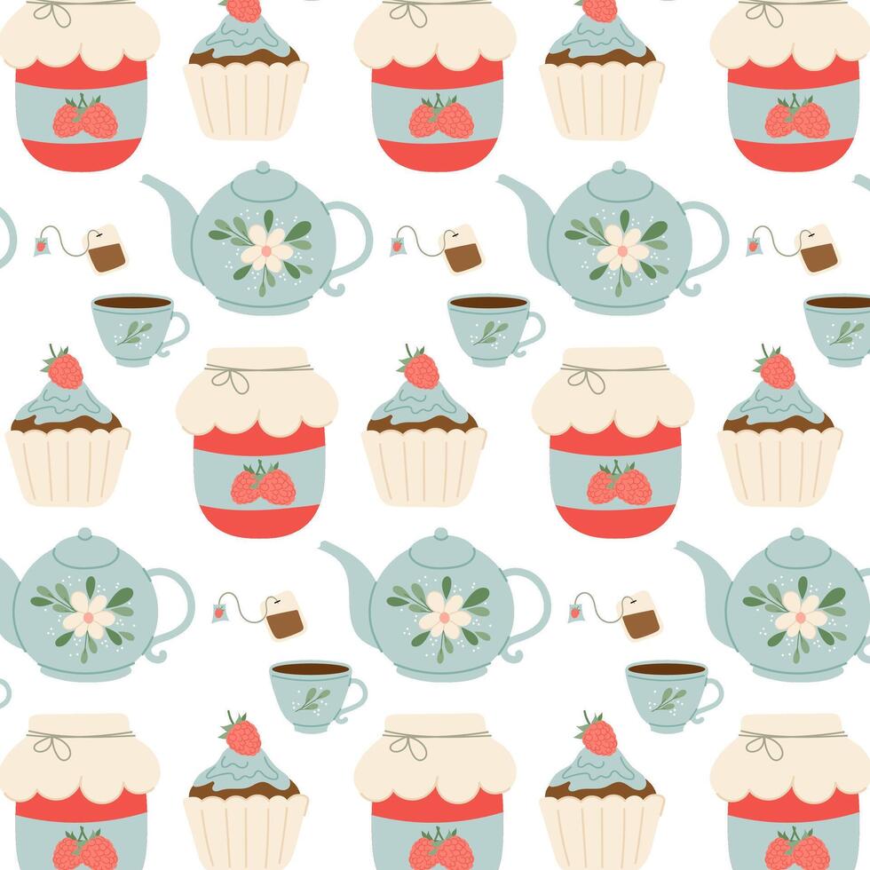 Tee Party. Frühstück. Muster mit Teekanne, Cupcake und Marmelade im eben Stil. Muster zum Textil, Verpackung Papier, Hintergrund. vektor
