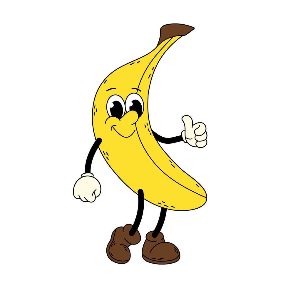 mogen banan i platt stil. rolig banan karaktär. tecknad serie retro karaktär i platt stil. häftig karaktär. gul banan. vektor