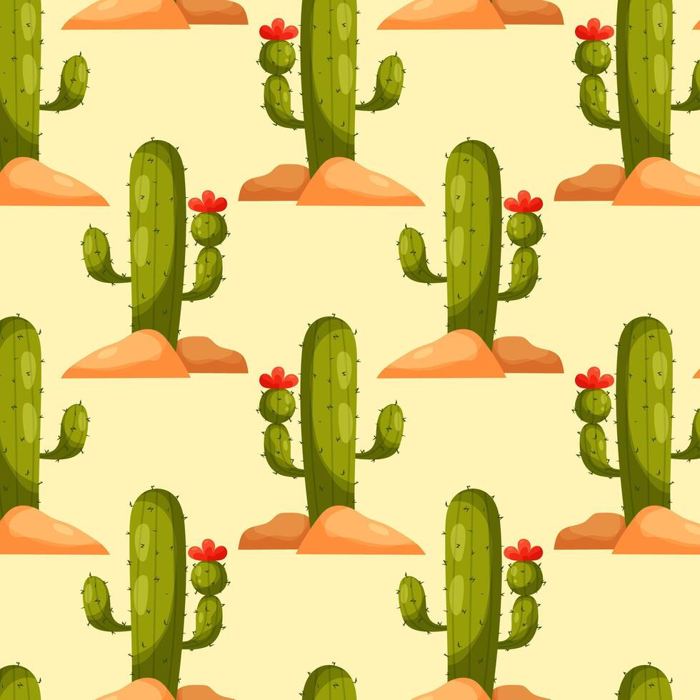 Blühen Kaktus. Muster mit Karikatur Kaktus. Kaktus im eben Stil. Wüste Pflanze. Muster zum Textil, Verpackung Papier, Hintergrund. vektor