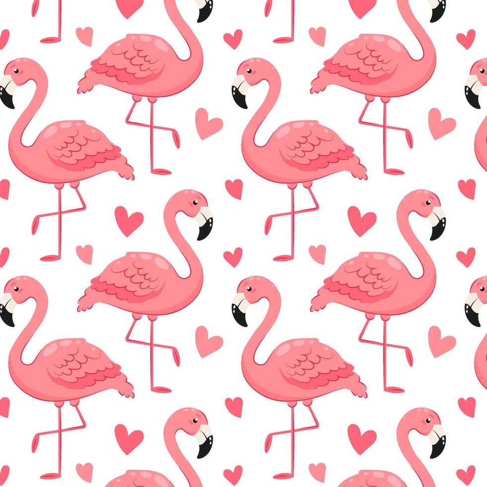 mönster med rosa flamingos och hjärtan. rosa flamingo i platt stil. mönster för textil, omslag papper, bakgrund. vektor