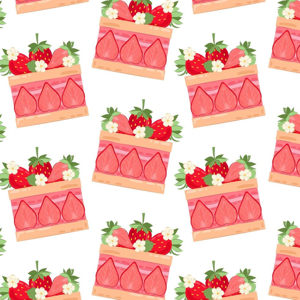 Dessert mit reif Erdbeeren im eben Stil. Muster mit ein Stück von Erdbeere Kuchen. Muster zum Textil, Verpackung Papier, Hintergrund. vektor