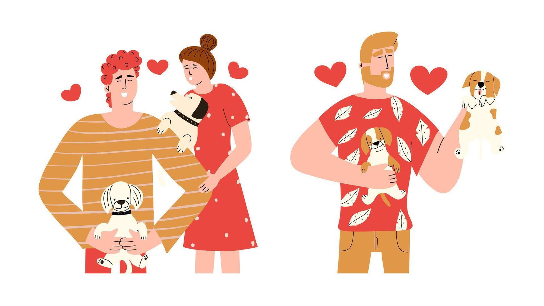 Menschen halten süß Welpen Satz. glücklich jung Frau und Mann mit Haustiere. Illustration im eben Stil. vektor