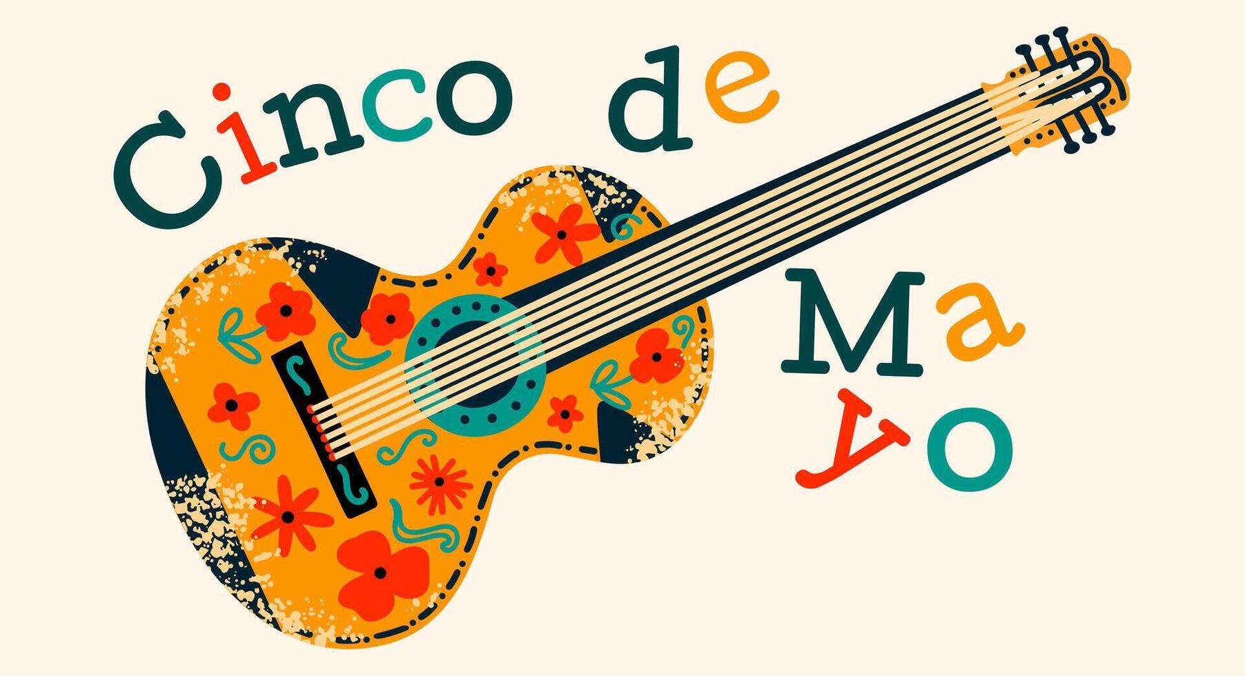 cinco de mayo festlig baner. Semester i Mexiko. färgrik design affisch med gitarr. vektor