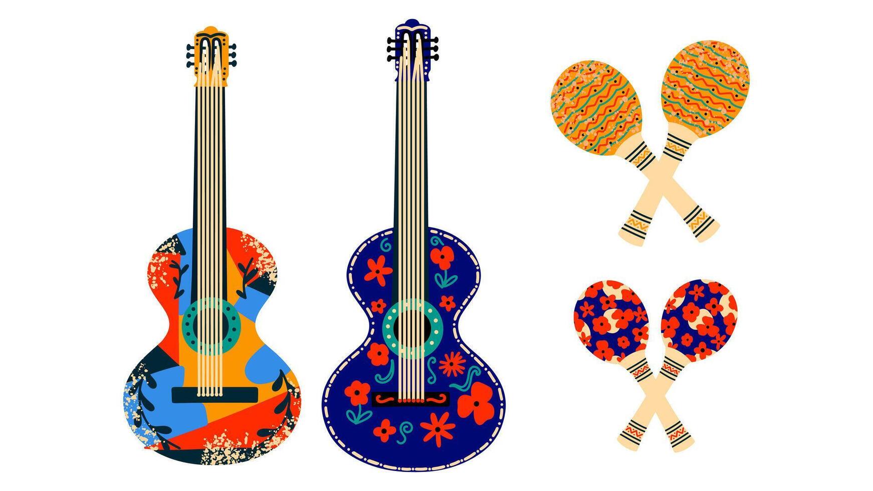 Musical Mexikaner Instrumente, Gitarren und maracas. festlich einstellen zum das Tag cinco de Mayo vektor